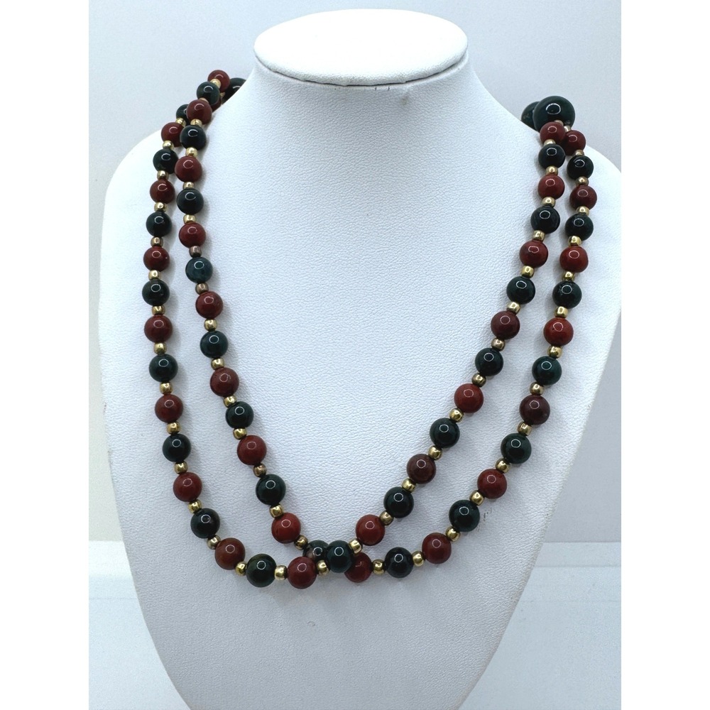 Vintage Double Strand Red Jasper & Green Bloodstone Beaded Necklace Gold Tone
